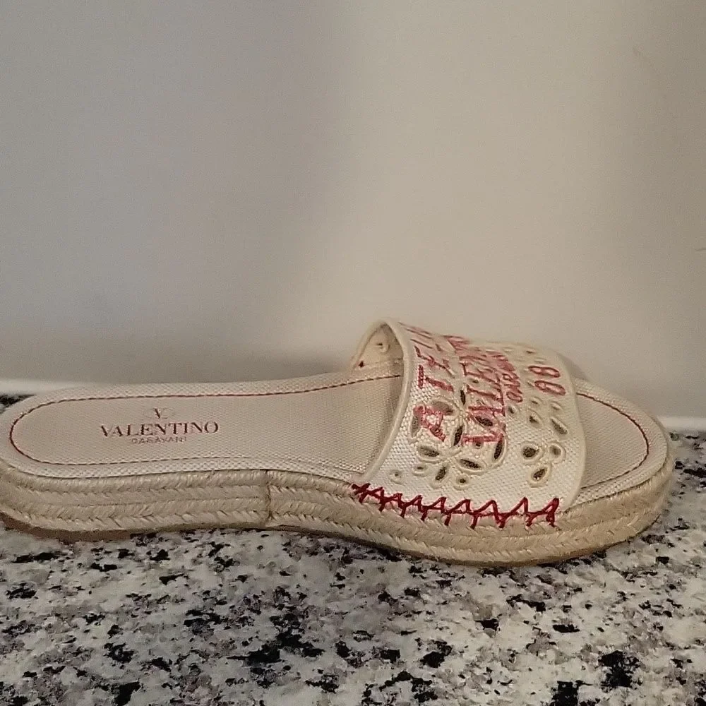 VALENTINO GARAVANI Atelier Eyelet Flat Espadrille Slide Sandals Natural 37.5